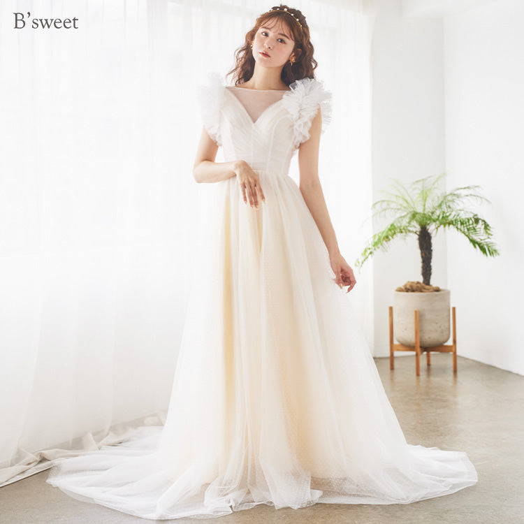 【wd682yj】ドット柄チュールデザインドレス Aライン