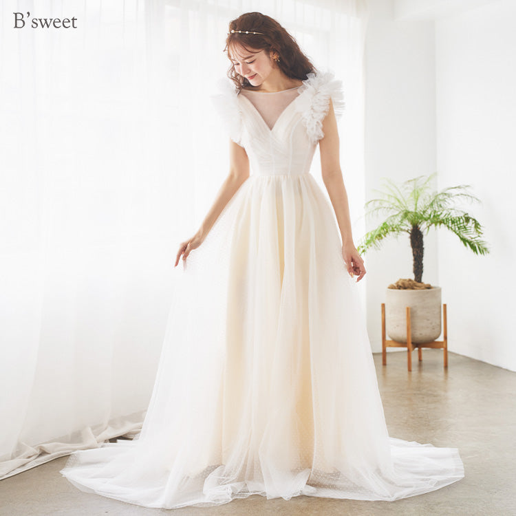 【wd682yj】ドット柄チュールデザインドレス Aライン