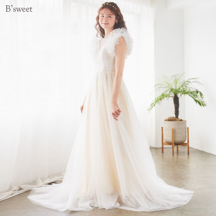 【wd682yj】ドット柄チュールデザインドレス Aライン