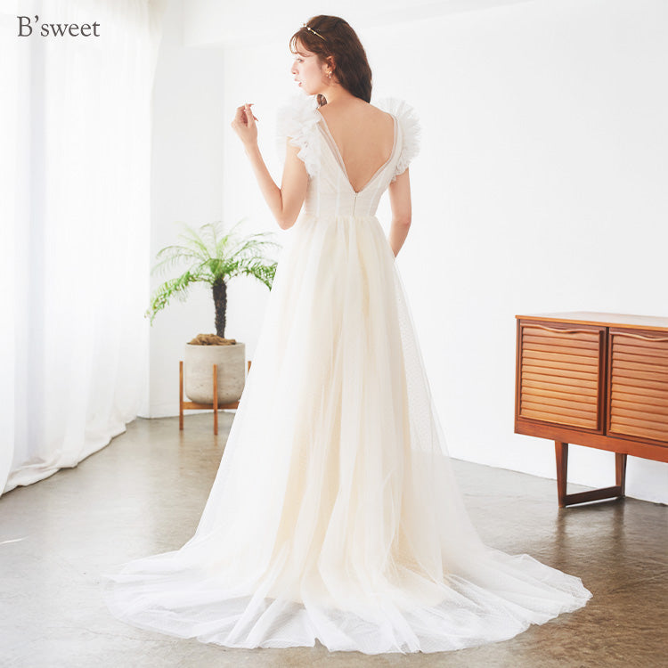 【wd682yj】ドット柄チュールデザインドレス Aライン