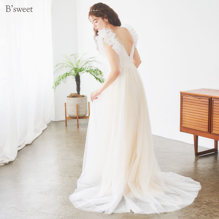 【wd682yj】ドット柄チュールデザインドレス Aライン