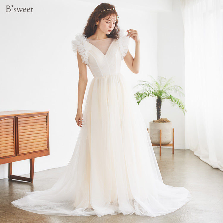 【wd682yj】ドット柄チュールデザインドレス Aライン