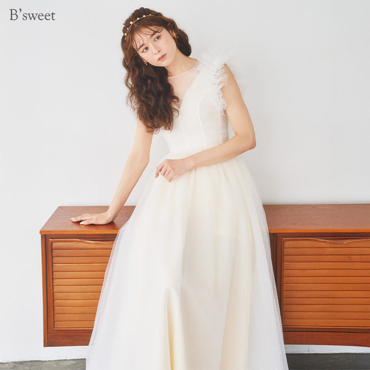 【wd682yj】ドット柄チュールデザインドレス Aライン