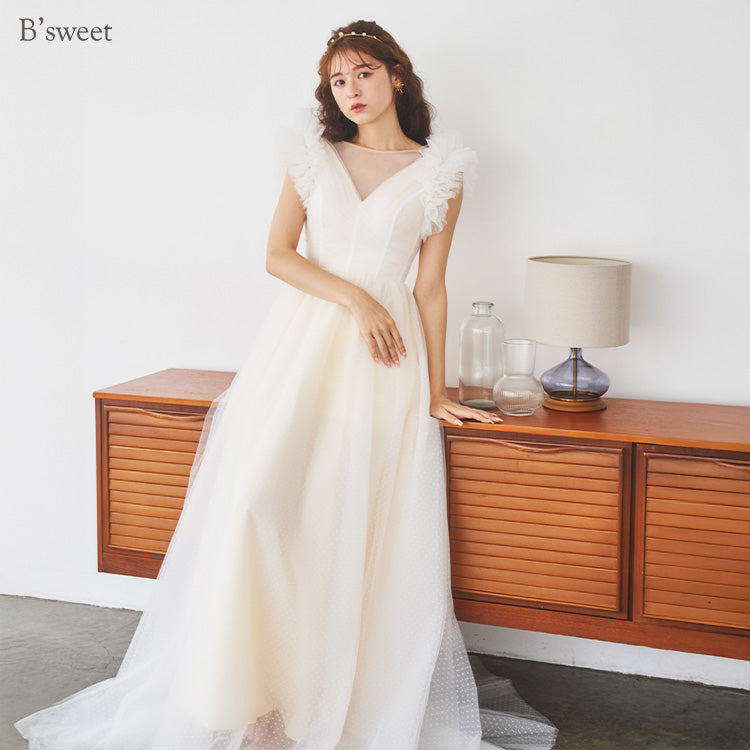 【wd682yj】ドット柄チュールデザインドレス Aライン