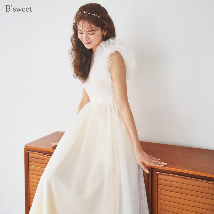 【wd682yj】ドット柄チュールデザインドレス Aライン