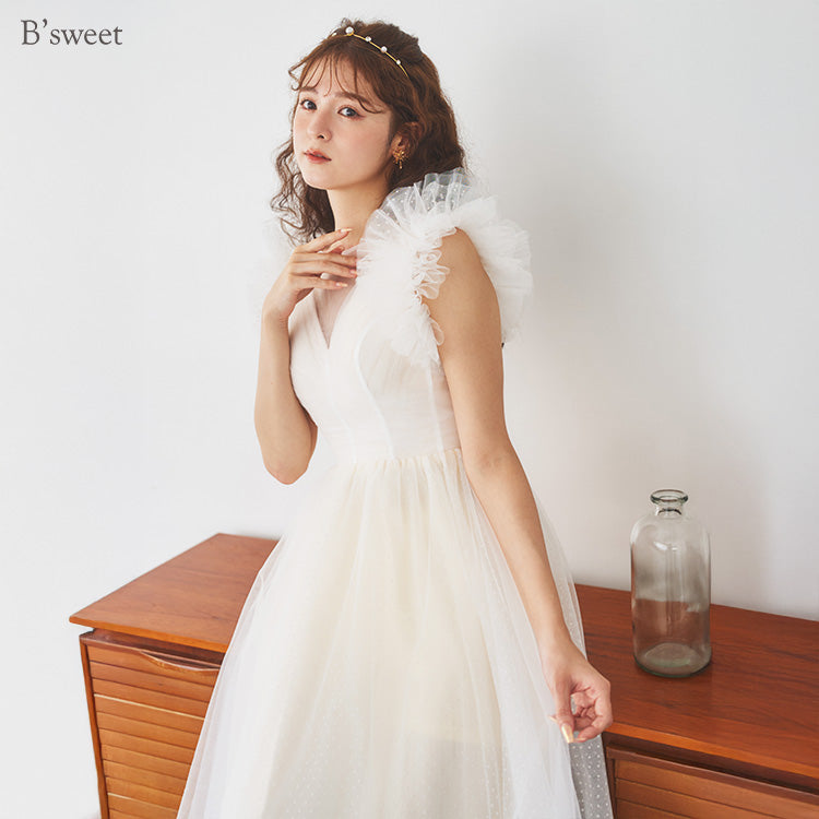 【wd682yj】ドット柄チュールデザインドレス Aライン