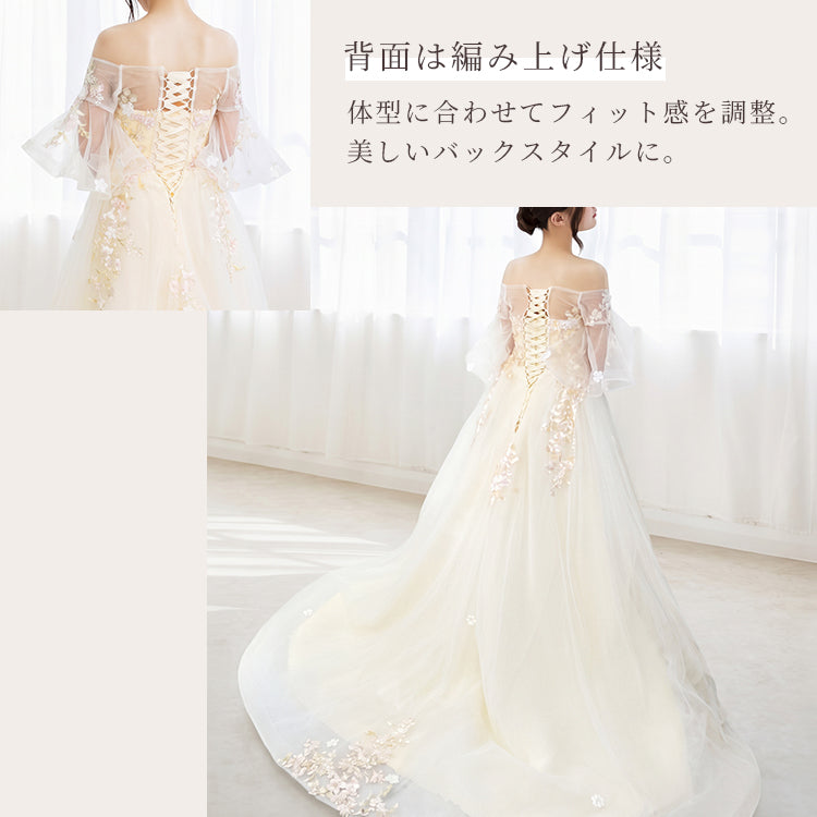 【wd69】3Dフラワーフレアスリーブドレス プリンセスライン