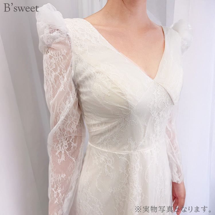 【wd710as】ロングスリーブVネックレースドレス Aライン