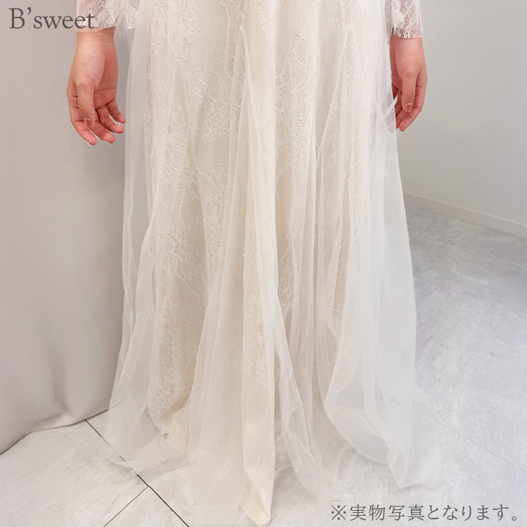 【wd710as】ロングスリーブVネックレースドレス Aライン