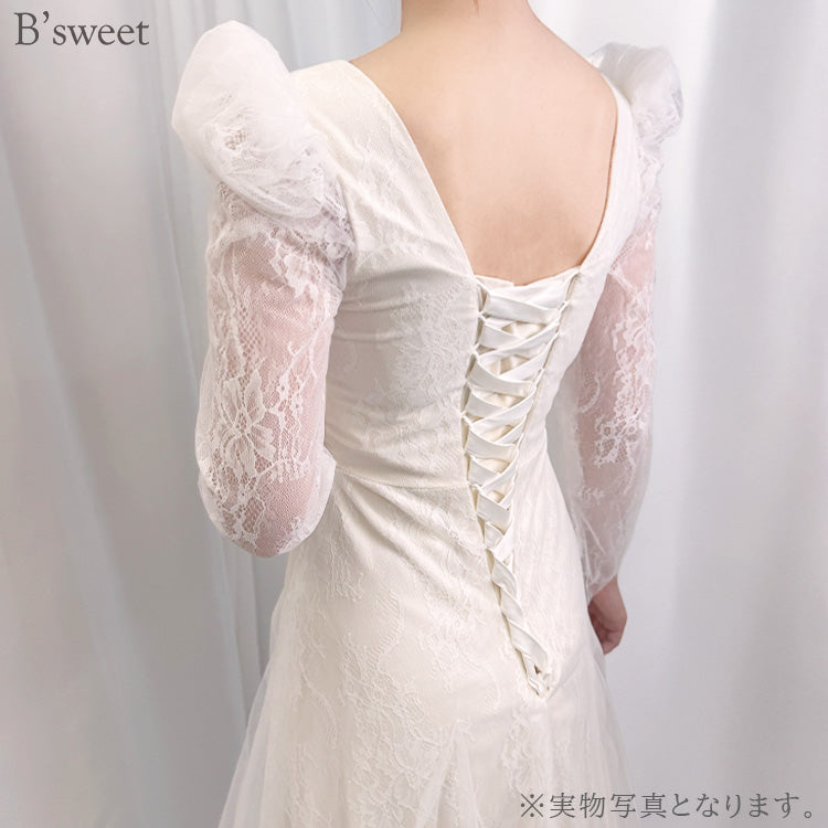 【wd710as】ロングスリーブVネックレースドレス Aライン