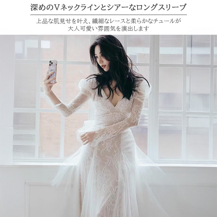 【wd710as】ロングスリーブVネックレースドレス Aライン