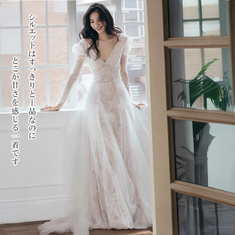 【wd710as】ロングスリーブVネックレースドレス Aライン