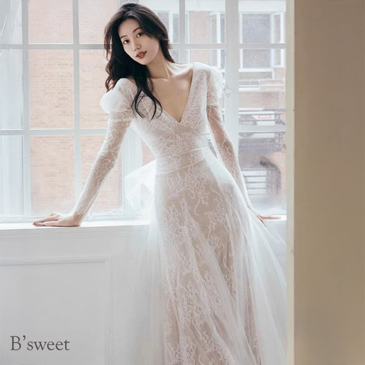 【wd710as】ロングスリーブVネックレースドレス Aライン