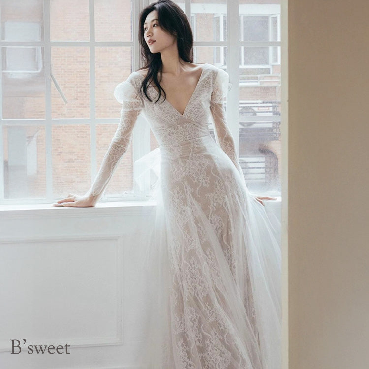 【wd710as】ロングスリーブVネックレースドレス Aライン