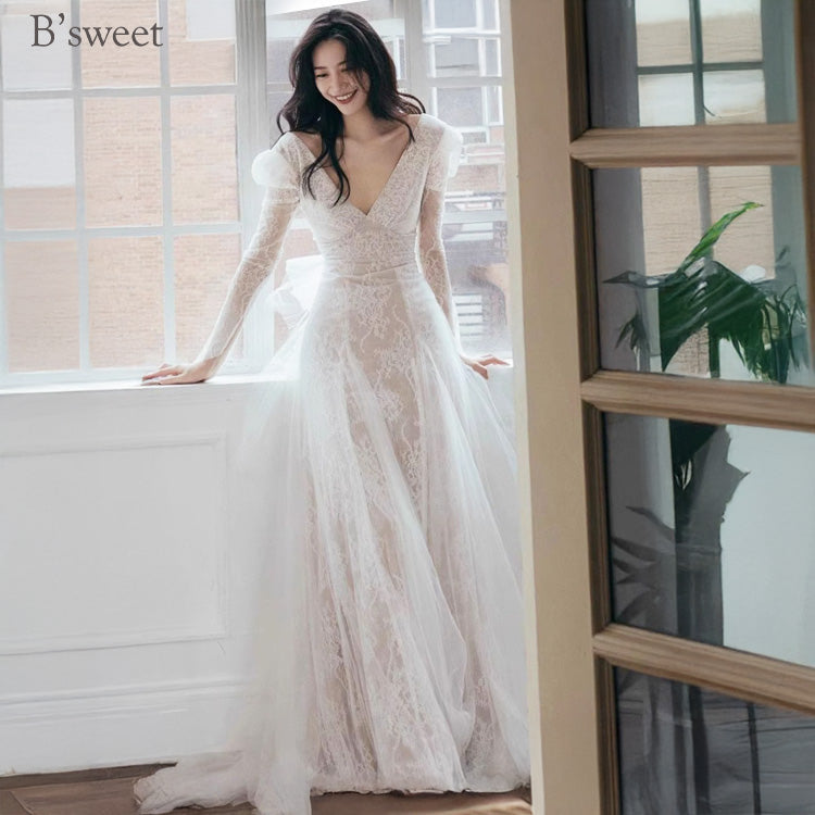 【wd710as】ロングスリーブVネックレースドレス Aライン