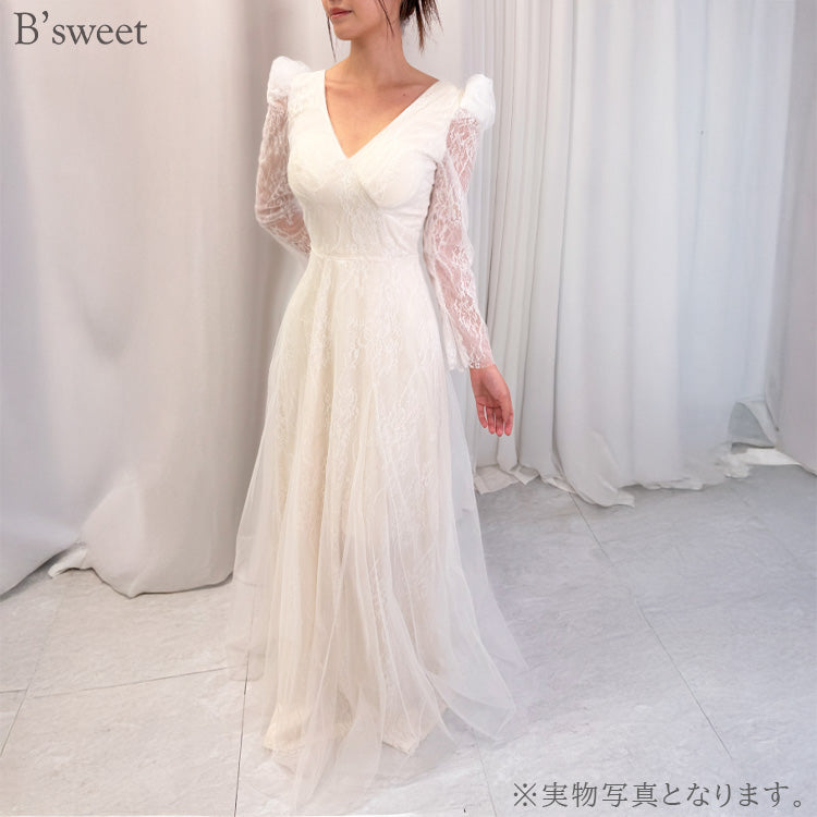 【wd710as】ロングスリーブVネックレースドレス Aライン