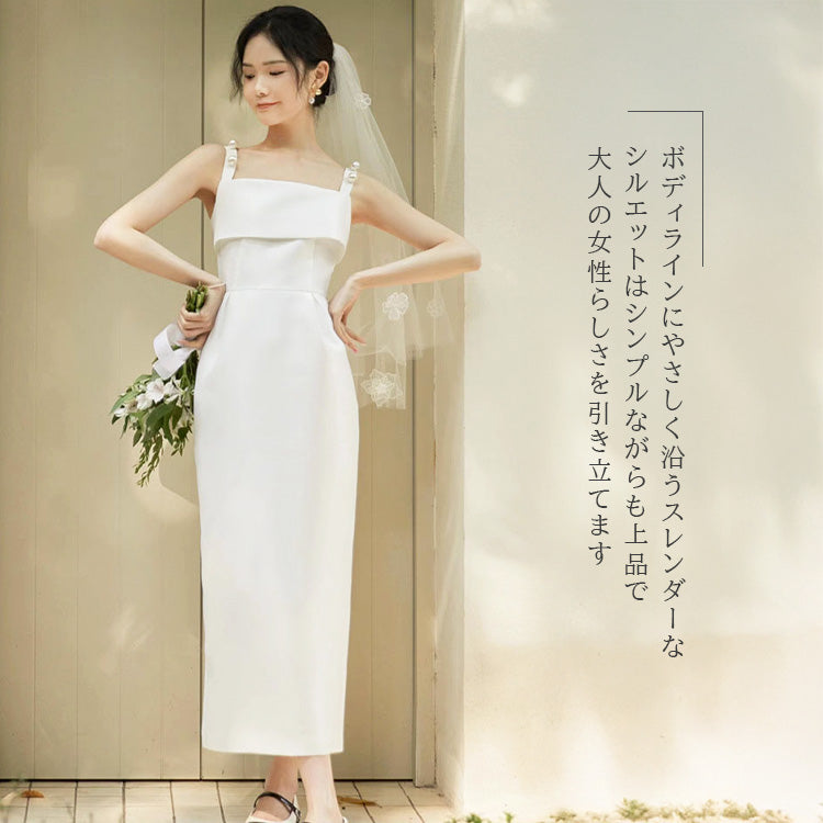 【wd714sr】パールストラップキャミソールドレス スレンダーライン