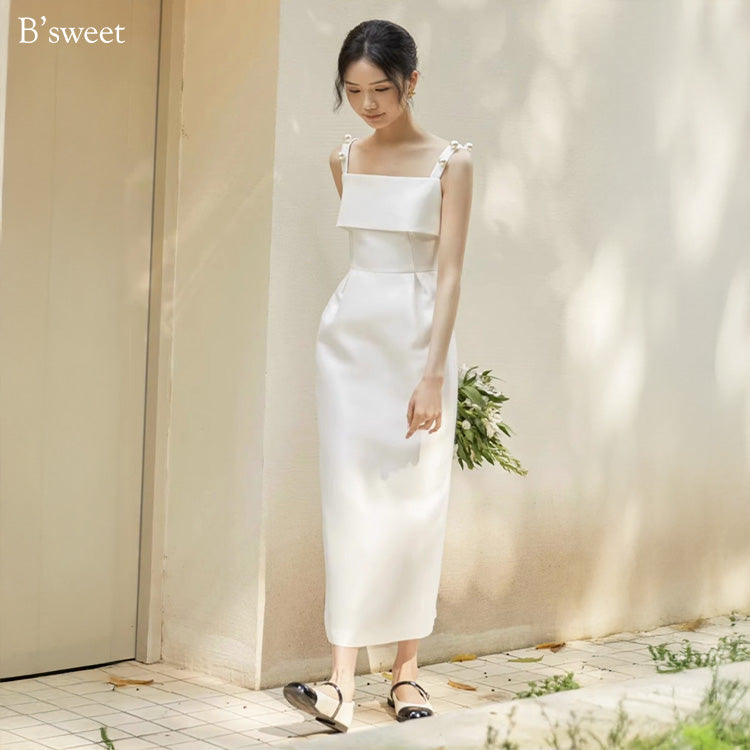 【wd714sr】パールストラップキャミソールドレス スレンダーライン