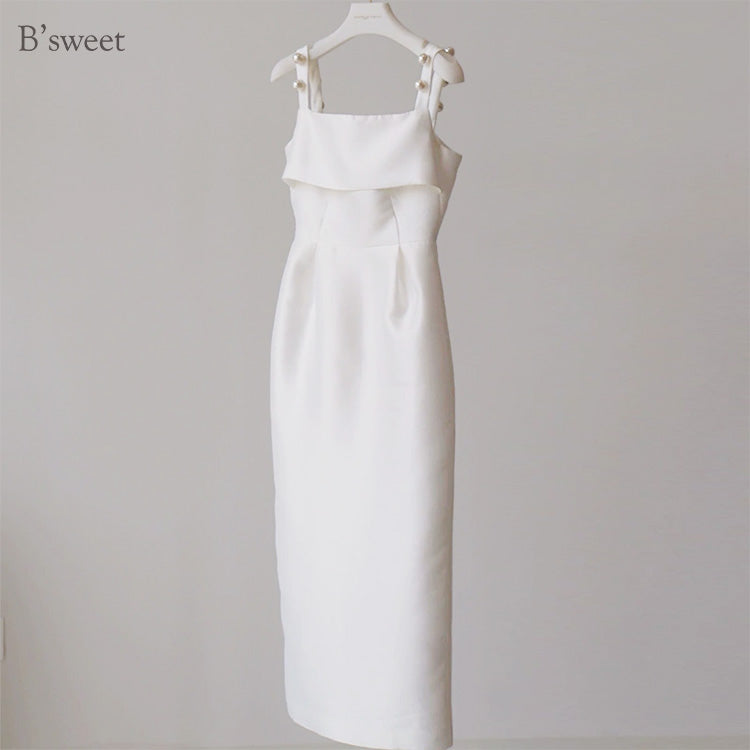 【wd714sr】パールストラップキャミソールドレス スレンダーライン