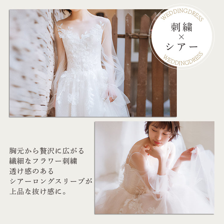 シアーロングスリーブ刺繍ドレス Aライン