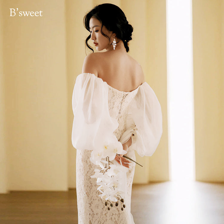 シフォンスリーブレースオフショルダードレス