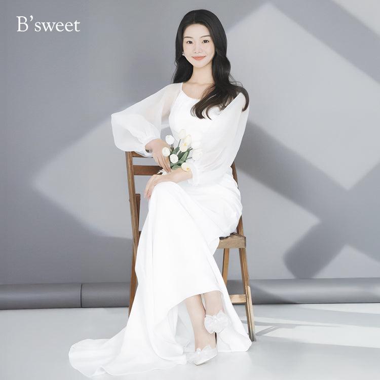 【wd724yj】ロングスリーブシフォンドレス スレンダーライン