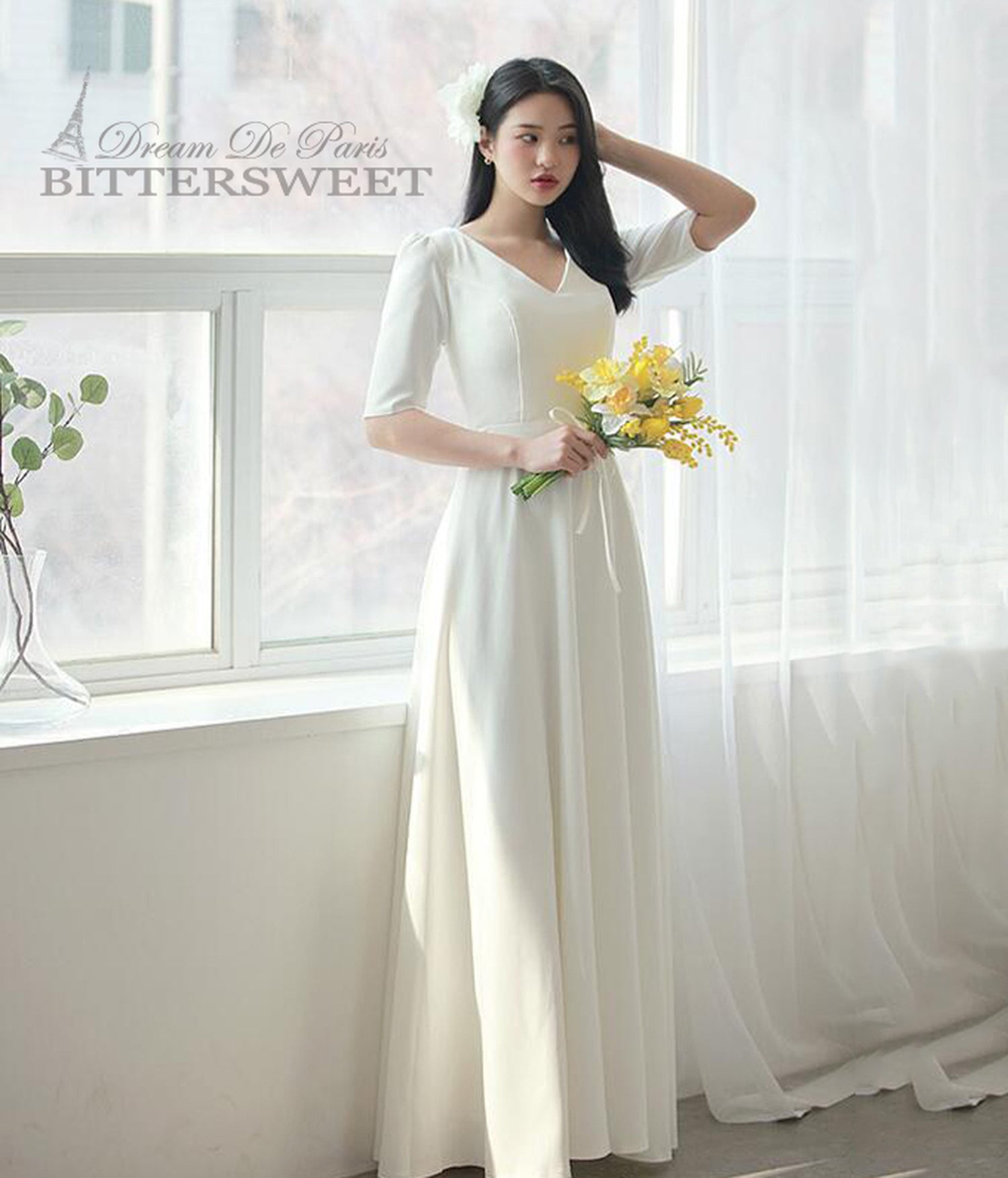 【wd180jx】Vネック半袖ドレス Aライン