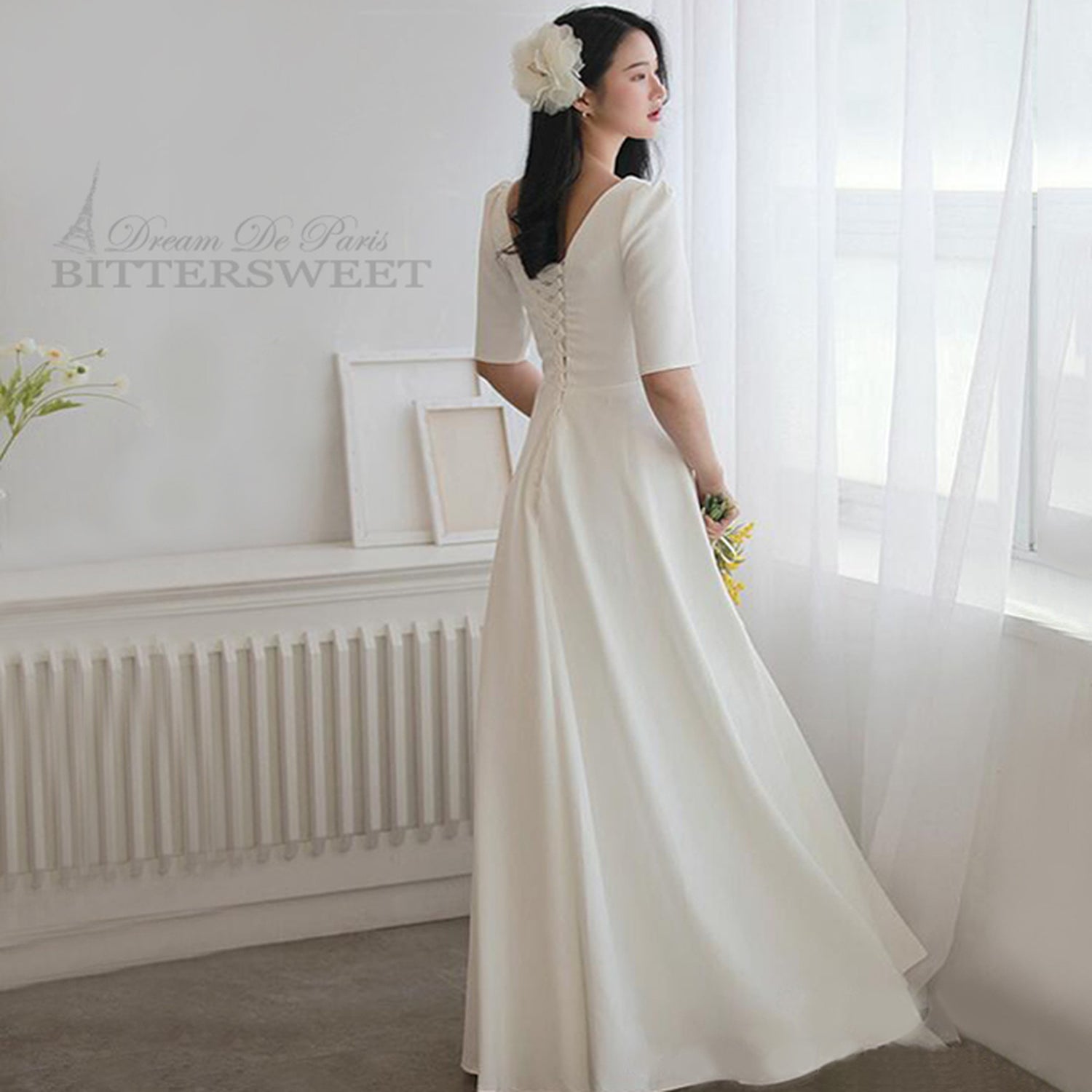 【wd180jx】Vネック半袖ドレス Aライン