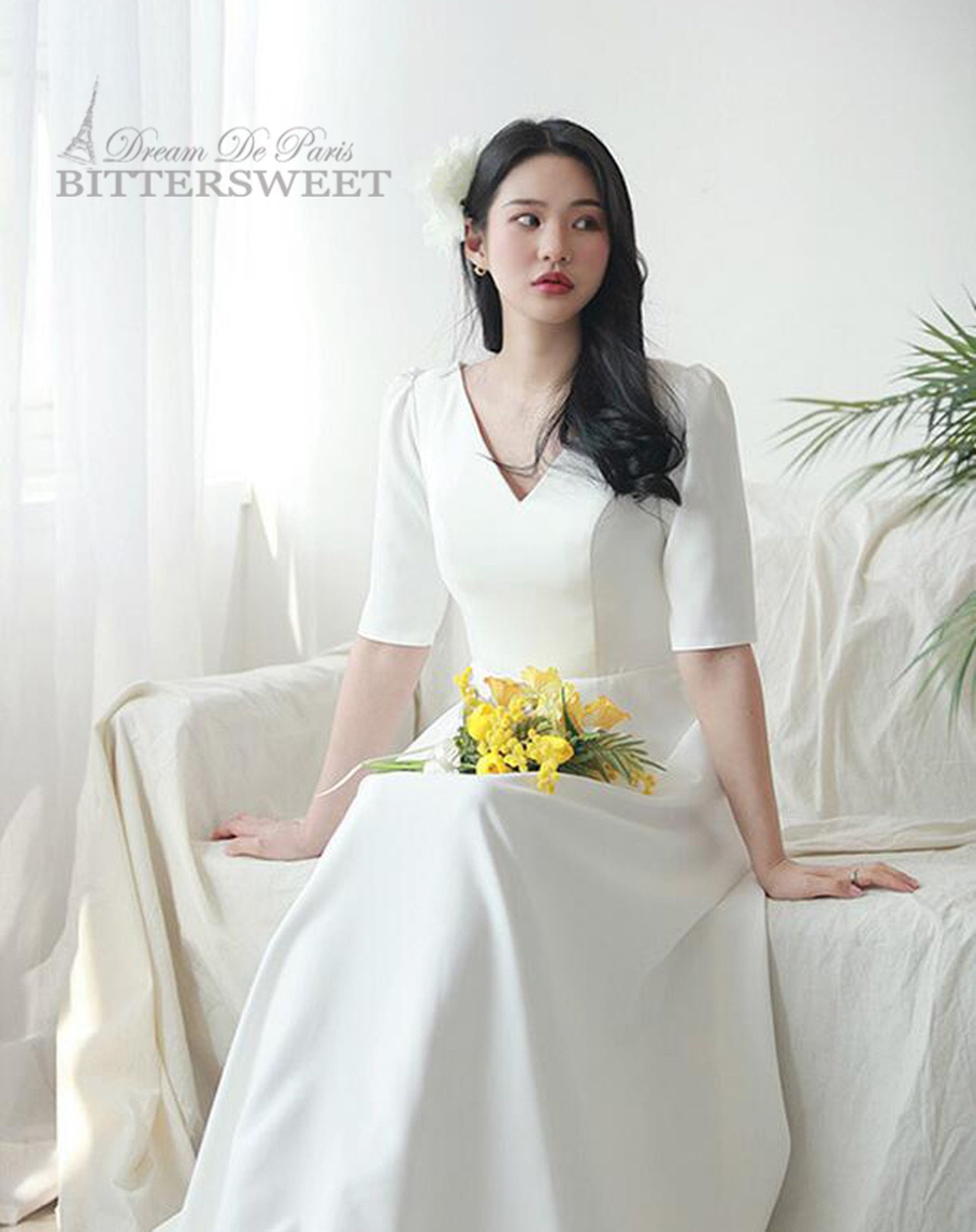 【wd180jx】Vネック半袖ドレス Aライン