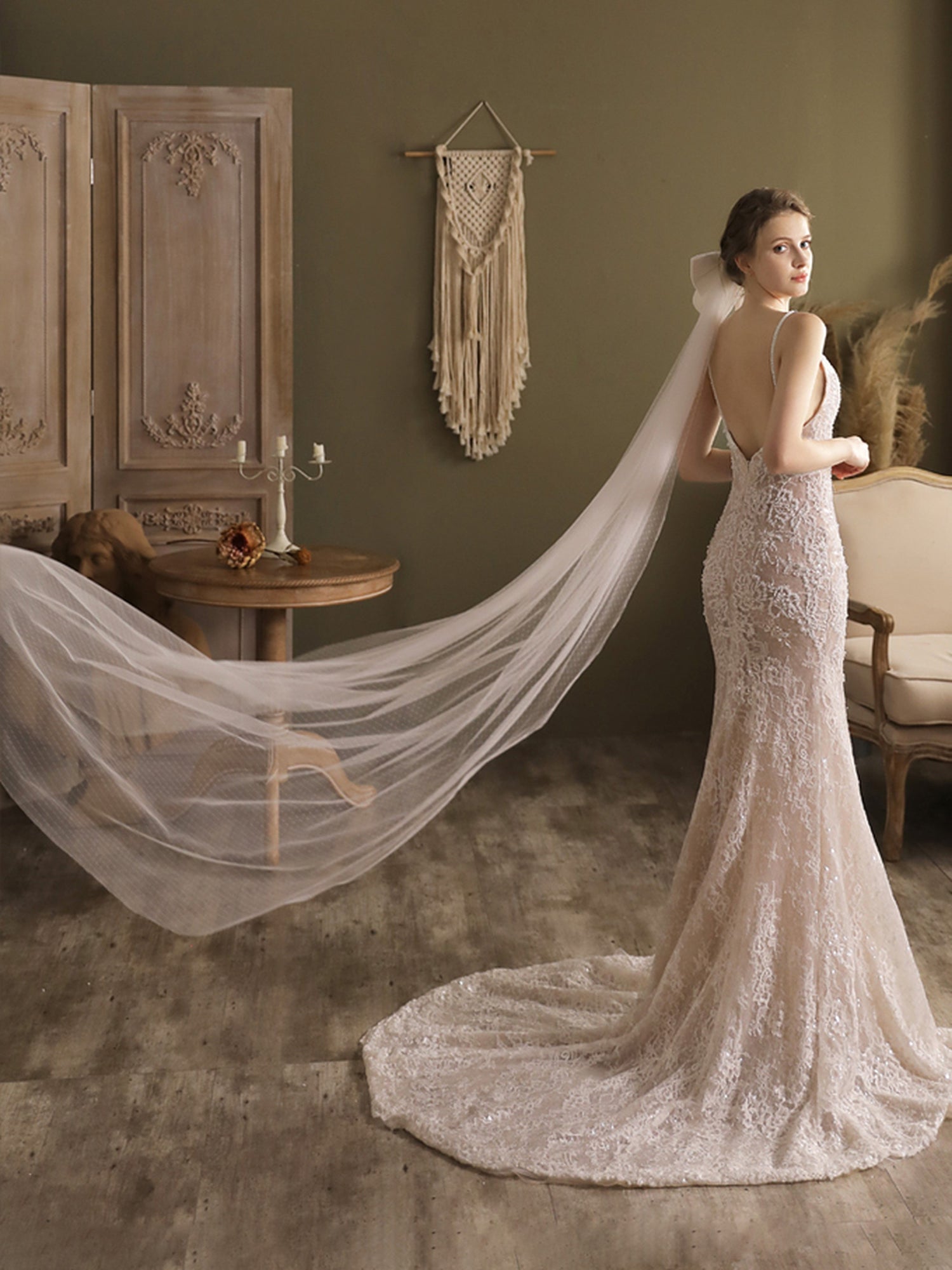 【ts194jd】リボン付きドットロングベール コーム付き【長さ約2.3m・幅約1.7m/】