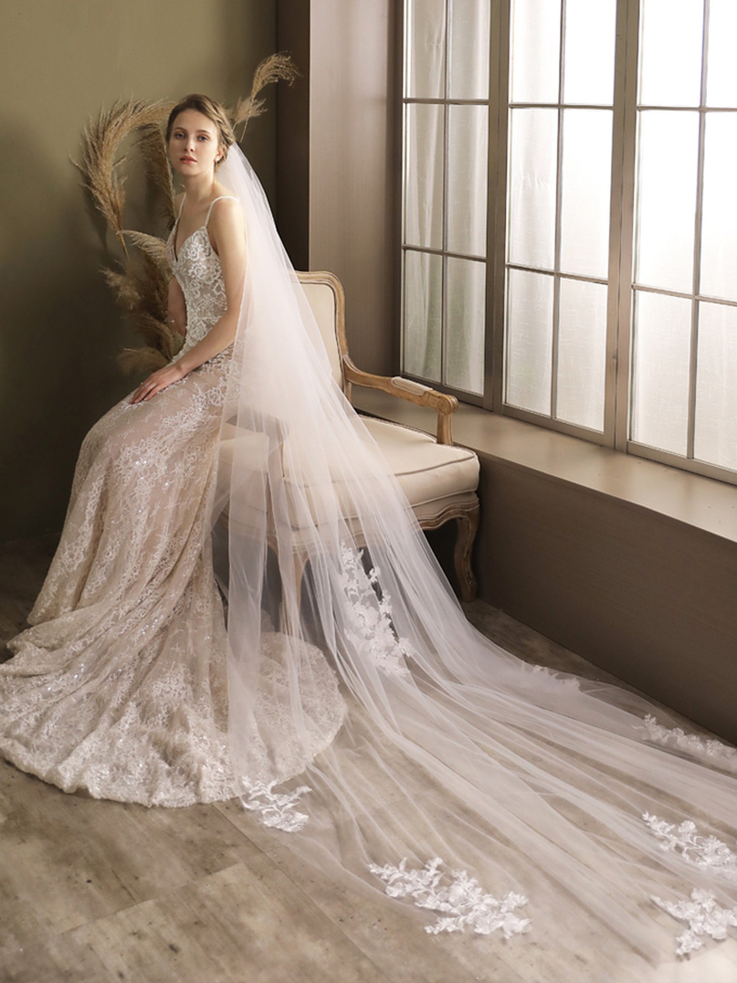 【ts197jd】ワンポイントレースロングベール コーム付き【長さ約70cm/270cm・幅約260cm】