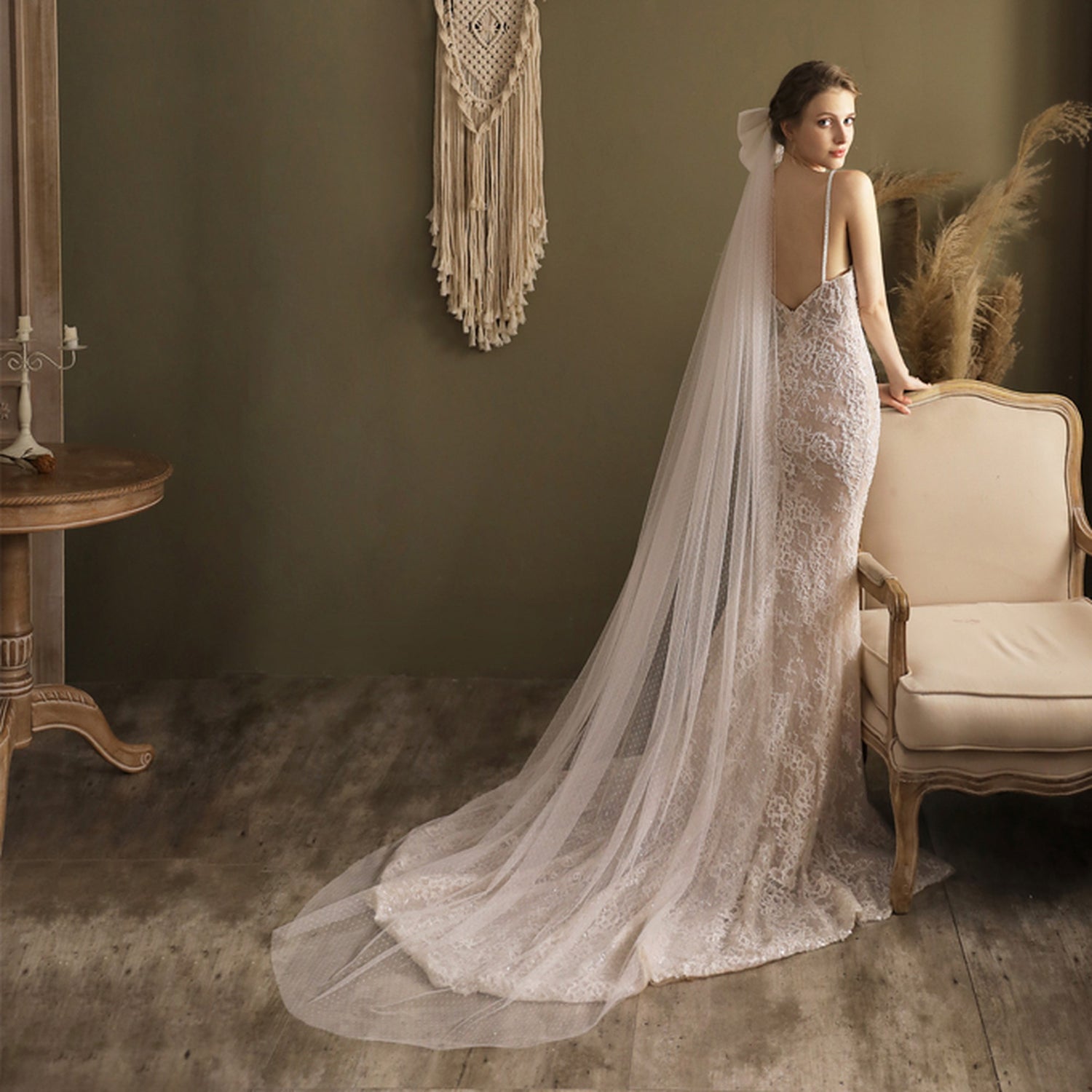 【ts194jd】リボン付きドットロングベール コーム付き【長さ約2.3m・幅約1.7m/】