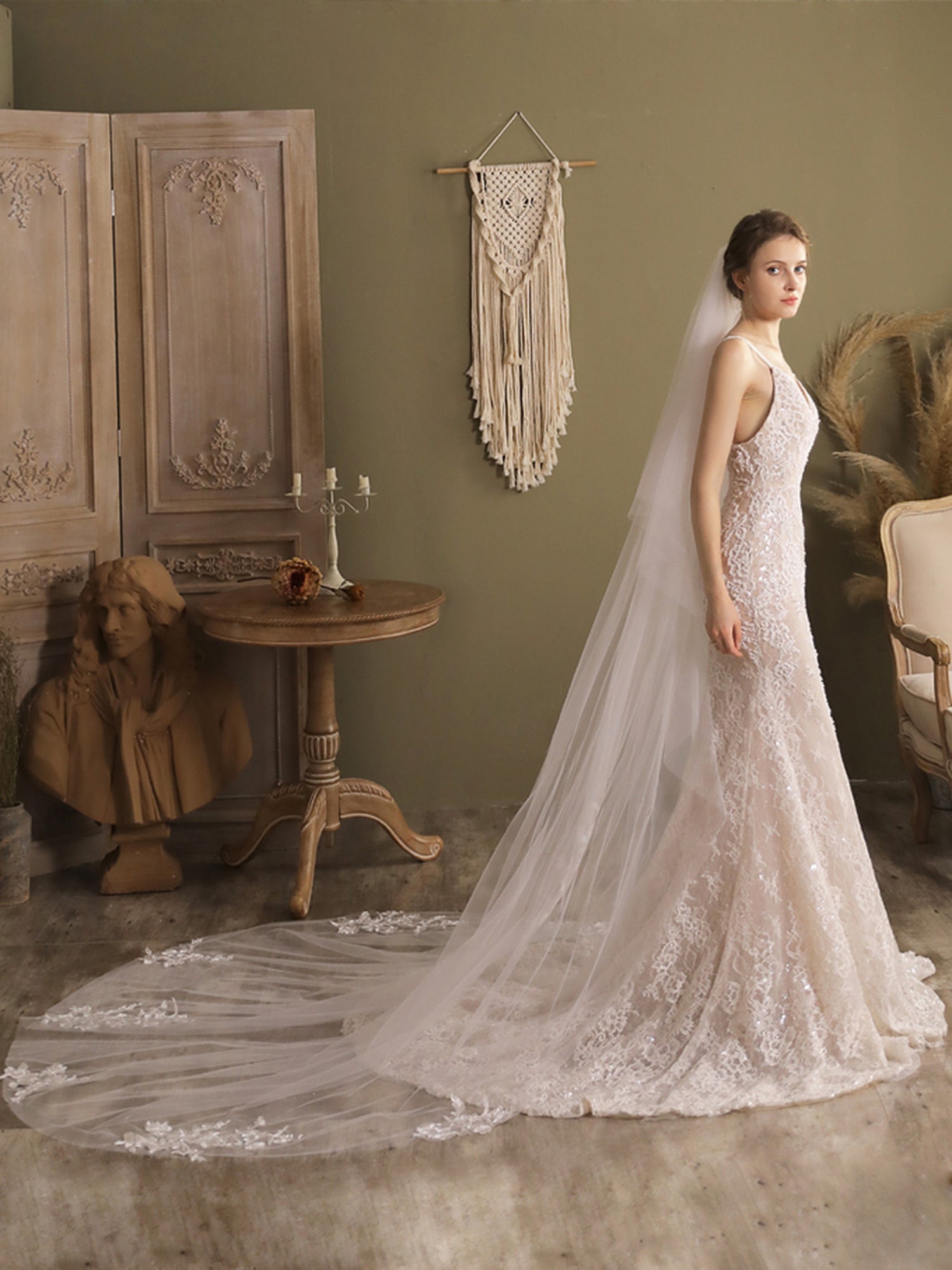 【ts197jd】ワンポイントレースロングベール コーム付き【長さ約70cm/270cm・幅約260cm】