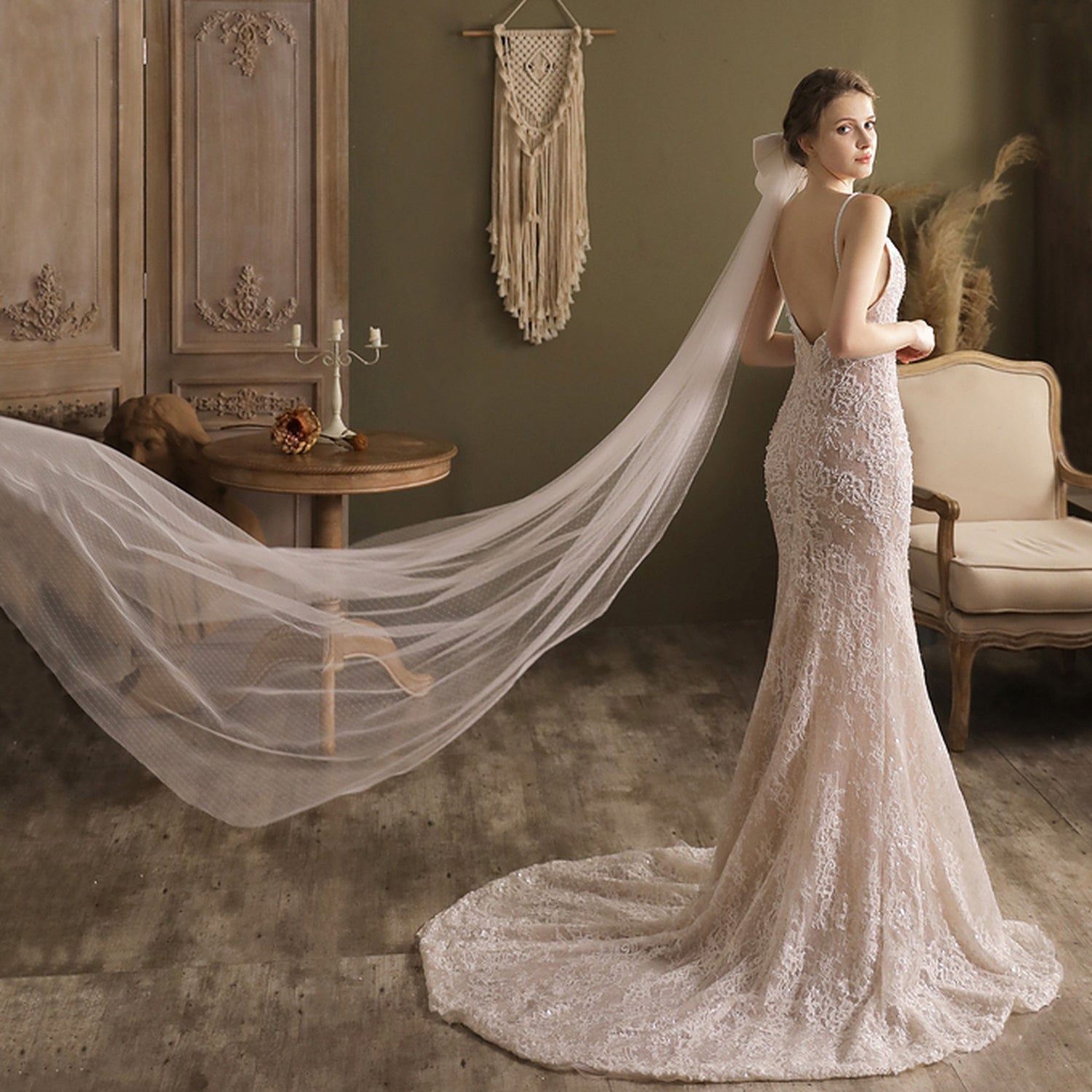 【ts194jd】リボン付きドットロングベール コーム付き【長さ約2.3m・幅約1.7m/】