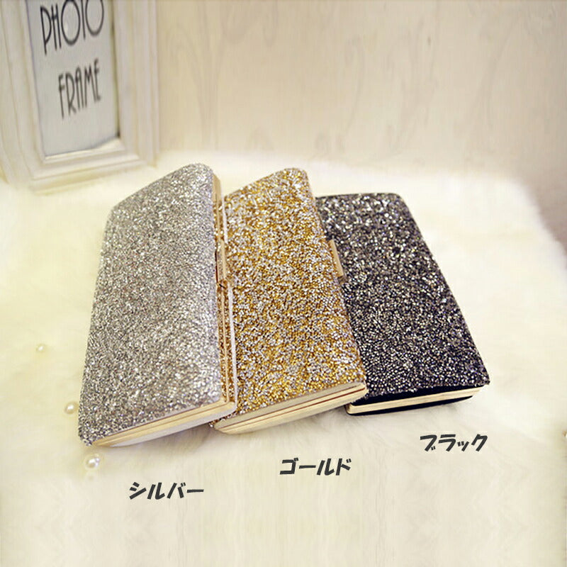 【bb5wk】【パーティーバッグ】クラッチバック/レディースパーティーバック/ショルダー&ハンドバック/取り外し可チェーン付き/3WAY【ゴールド・シルバー・ブラック】【横22cm・縦12cm・マチ5cm】