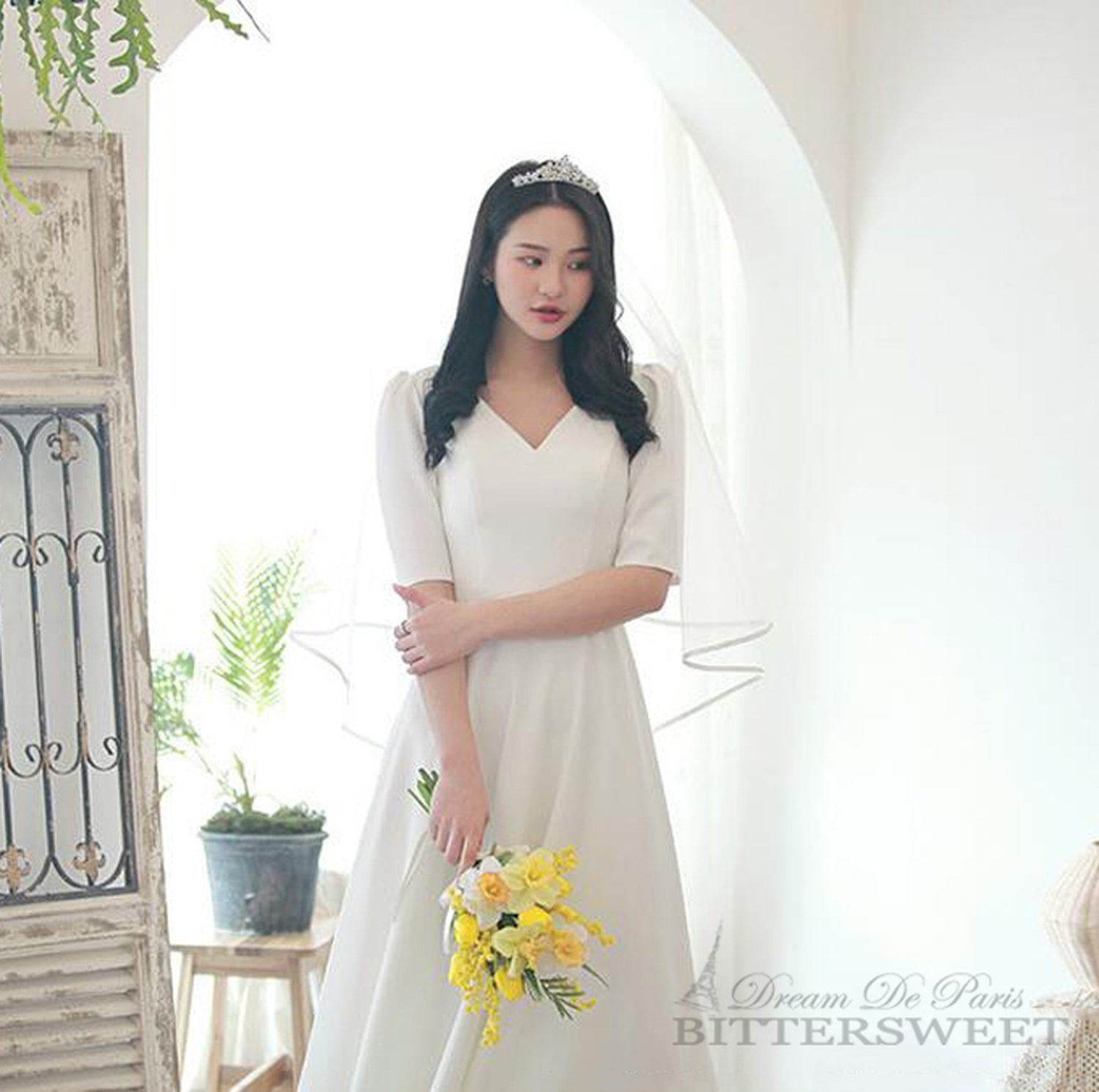 【wd180jx】Vネック半袖ドレス Aライン