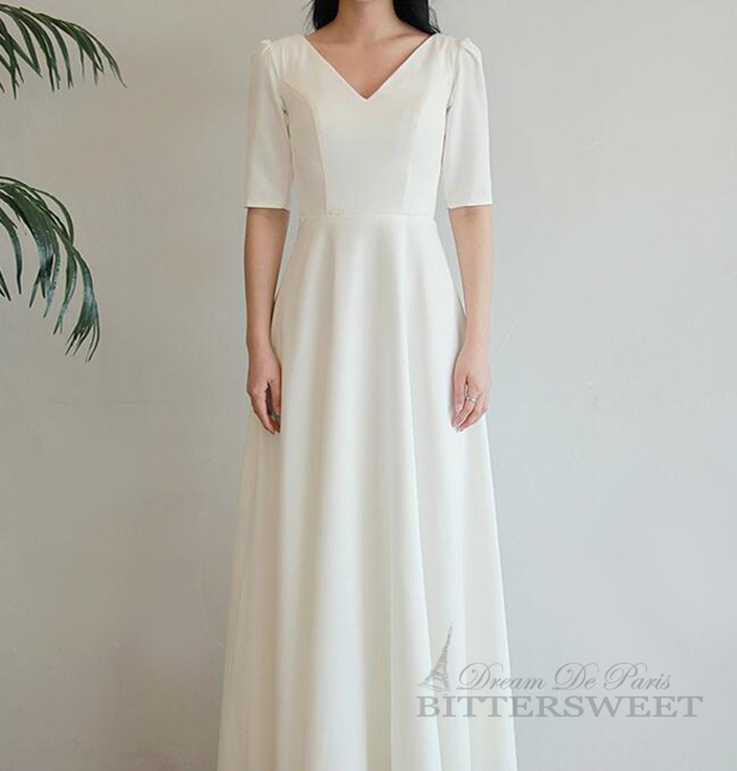 【wd180jx】Vネック半袖ドレス Aライン