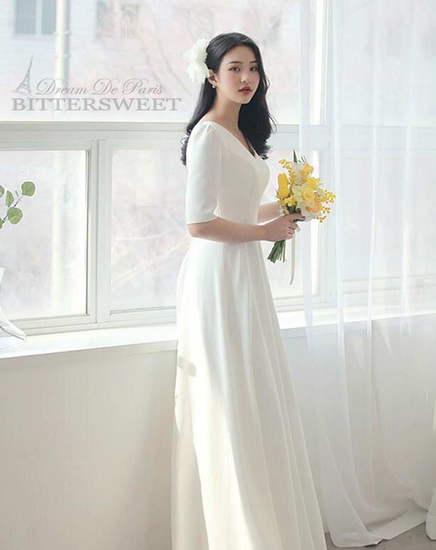 【wd180jx】Vネック半袖ドレス Aライン