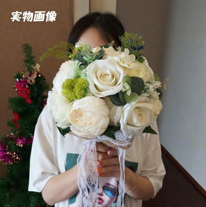 【flo71y】【即納】ウェディングブーケ ブーケ【単品】【三点セット】【ブーケ・リストブーケ・ブートニア】ウェディングブーケ/造花/ブライダルブーケ/トスブーケ/ブーケ3点セット/ブートニア・リストブーケ/コサージュ【ブーケサイズ:直径は約24cm・全長は約31cm】