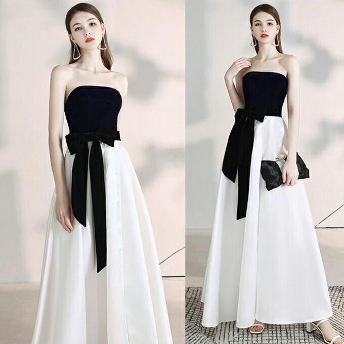 【kd101ls】モノトーンウエストリボンカラードレス