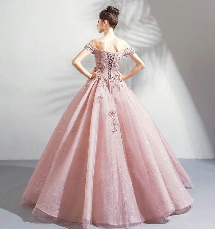 【kd96wz】ピンク3Dフラワーオフショルプリンセスラインドレス