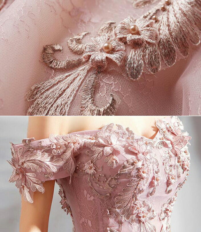 【kd96wz】ピンク3Dフラワーオフショルプリンセスラインドレス