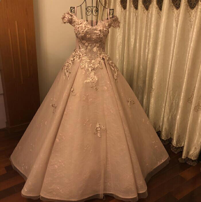 【kd96wz】ピンク3Dフラワーオフショルプリンセスラインドレス