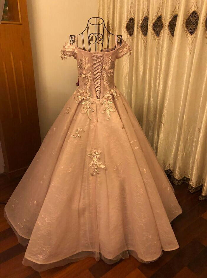 【kd96wz】ピンク3Dフラワーオフショルプリンセスラインドレス