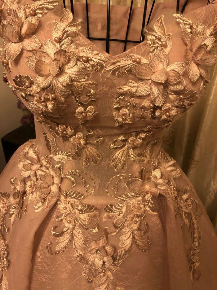 【kd96wz】ピンク3Dフラワーオフショルプリンセスラインドレス