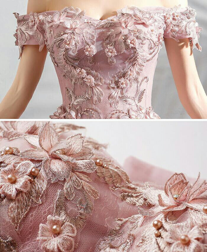 【kd96wz】ピンク3Dフラワーオフショルプリンセスラインドレス