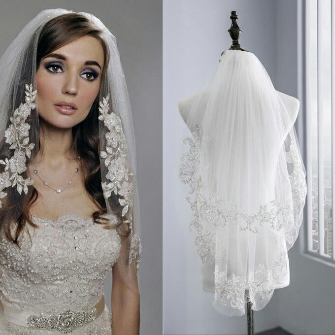 【ts165hg】シルバー刺繍ミディアムベール 2カラー コーム付き【長さ約 55cm/75cm・幅約100cm】