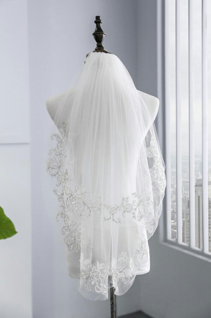 【ts165hg】シルバー刺繍ミディアムベール 2カラー コーム付き【長さ約 55cm/75cm・幅約100cm】