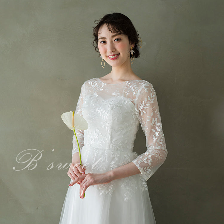 【wd364xy】リーフレース刺繍七分袖Aラインドレス