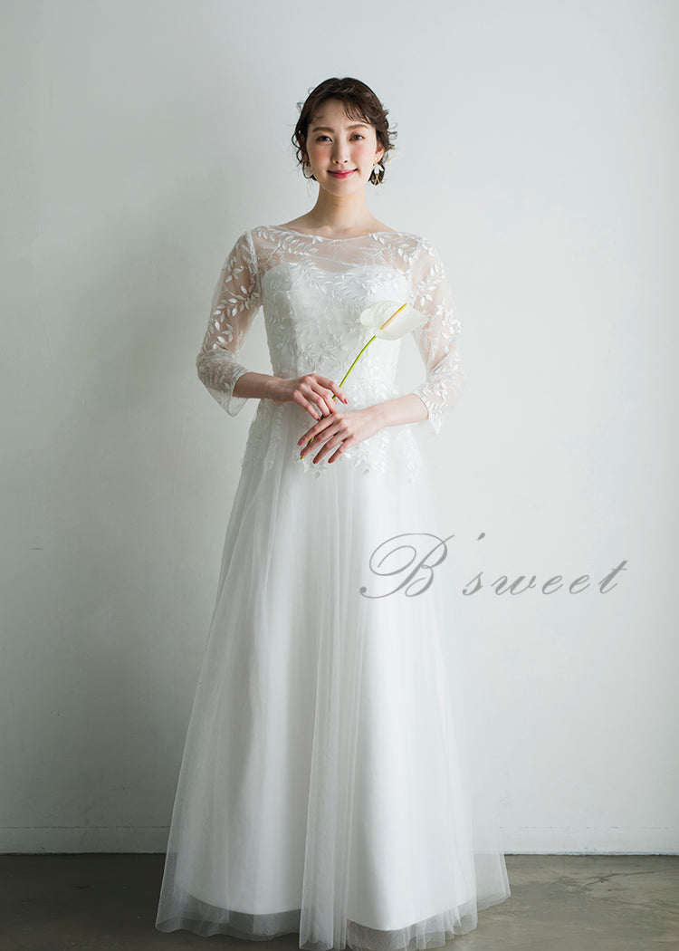 【wd364xy】リーフレース刺繍七分袖Aラインドレス